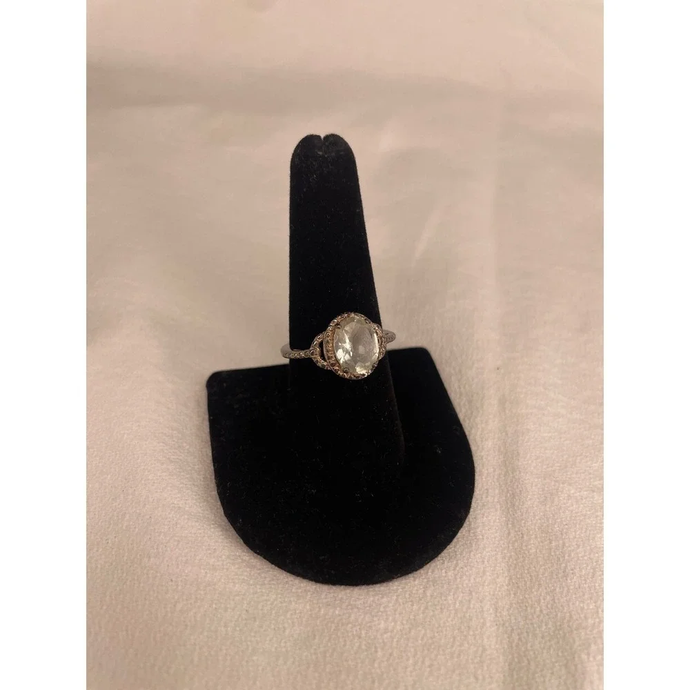 Green Amethyst Prasiolite Oval Halo Ring Silver Tone Size 8 Vintage Style